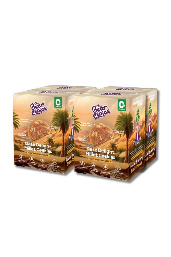 The Bettr Choice Date Delight Millet Cookies - Wholesome 100% Oats & Millet Blend with Dates, Organic Jaggery, Ragi, Cocoa, Ginkgo Biloba, Sunflower Seeds, No Added Refined Sugar - 4 Pack